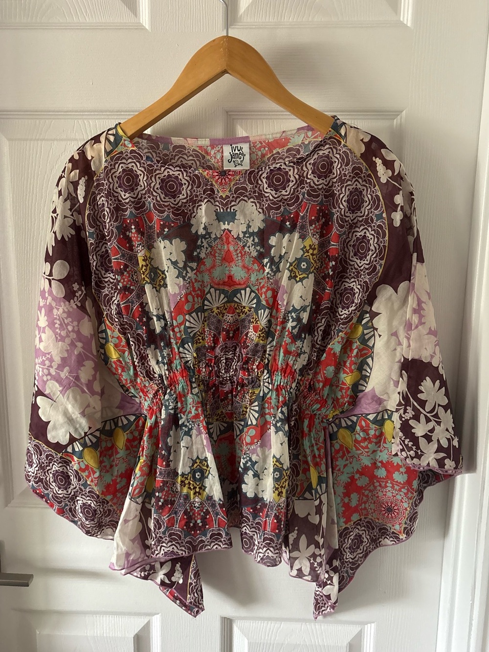 Ivy Jane Patchwork Kaleidoscope Print Smocked Peplum Blouse Boho Size S